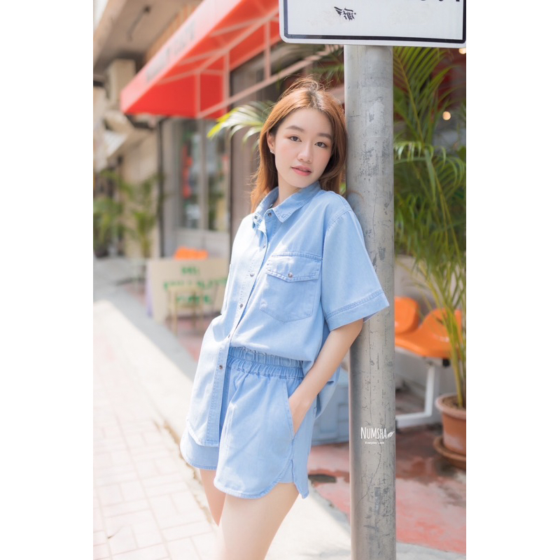 Numsha Brand เซตยีนส์แขนสั้นกระเป๋าลายทางข้างเดียว / NB22125 | Shopee ...