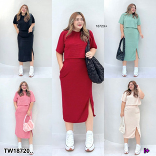 B18720 Set #bigsize 2 ชิ้น เสื้อแขนสั้นแบบครอป + กระโปรงผ่านิดๆ Set #bigsize 2 pieces. Crop short sleeve shirt + skirt..