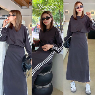 เซทเสื้อคอกลมแขนยาว จั้มชายและปลายแขน มาพร้อมกระโปรงทรงเอ เอวยางยืดใหญ่