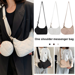 ✿CF✿ กระเป๋าสะพายไหล่คุณภาพสูง 2 in 1 ลายสี่เหลี่ยมขนมเปียกปูนกระเป๋า Messenger ผ้าฝ้ายบุด้วยกระเป๋าใบเล็กสำหรับการเดินทาง