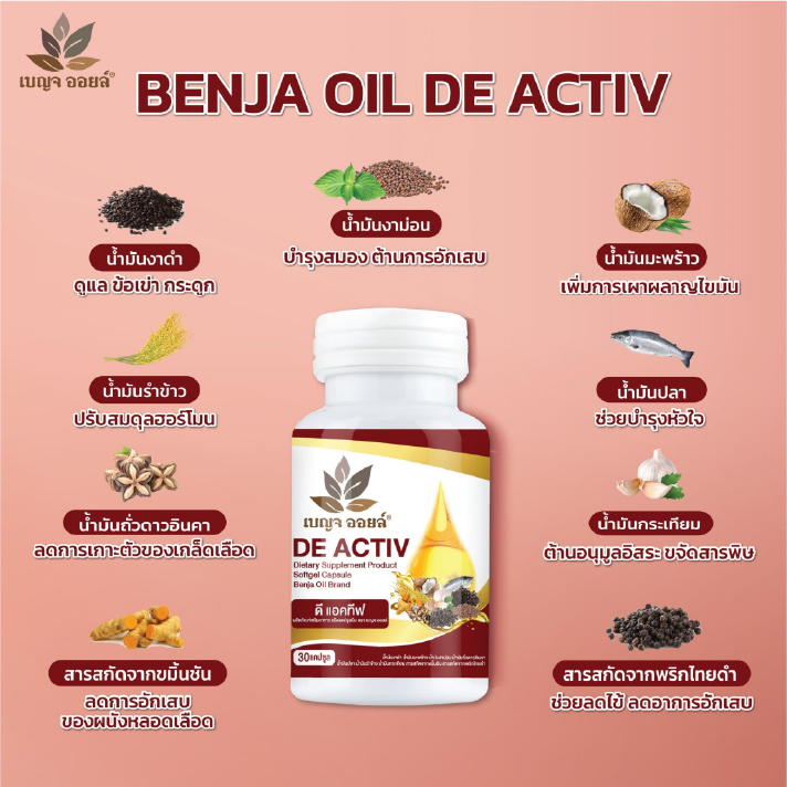 benja-oil-de-activ-ผลิตภัณฑ์เสริมอาหารสารสกัด-9-ชนิด-น้ำมันรำข้าว-น้ำมันกระเทียม-น้ำมันมะพร้าว-สารสกัดพริกไทยดำ-7-กระปุก