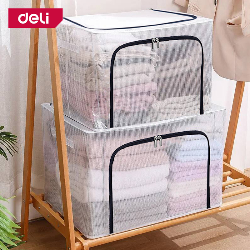 deli-กล่องผ้าพับได้-กล่องเก็บของ-กล่องใส่ของพับได้-ที่ใส่ผ้าห่ม-เสื้อผ้า-มีซิปเปิด-2-ด้าน-มีโครงเหล็ก-โปร่งใส-storage-bo