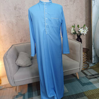 AE26โต๊ปผู้ชาย ชุดโต๊ปแขนยาวสีฟ้า ชุดยาว แฟชั่น มุสลิม ชุดออกงานผู้ชายมุสลิม อิสลาม ชุดรายอ เสื้อผ้ามุสลิม โต้ป