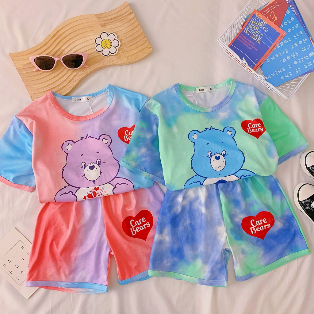 beryl-kids-ชุดเซ็ทเด็ก-ผญ-เสื้อผ้าเด็กผญ-ชุดเสื้อยืดแขนสั้นเด็กผู้หญิงส-พิมพ์ลายหมีมัดย้อมสไตล์เกาหลี-เด็กชายและเด็กหญิง