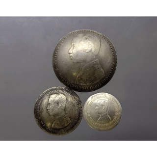 เหรียญถ้วย โรงบ่อนโบราณ เนื้อเงิน (ครบชุด 3 ขนาด บาท สลึง เฟื้อง)พระบรมรูป-ตราแผ่นดิน สมัยรัชกาลที่5 สภาพสวย
