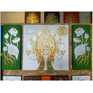 ภาพลายนูน ภาพนูนทอง รูปมังกรคู่ ตันโพธิ์ และดอกบัว - ชุด 3 ชิ้น - งานศิลปะบนผ้าใบ ขึงด้วยเฟรมไม้ สำเร็จรูปพร้อมใช้งาน