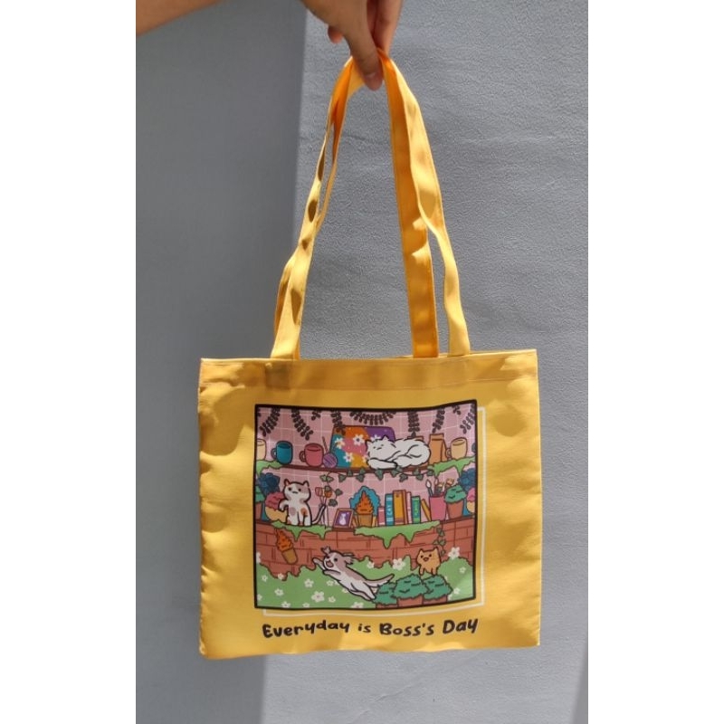 กระเป๋าผ้ารักษ์โลกลายน้องหมาน้องแมว-สีเหลืองมัสตาร์ด-eco-tote-bag
