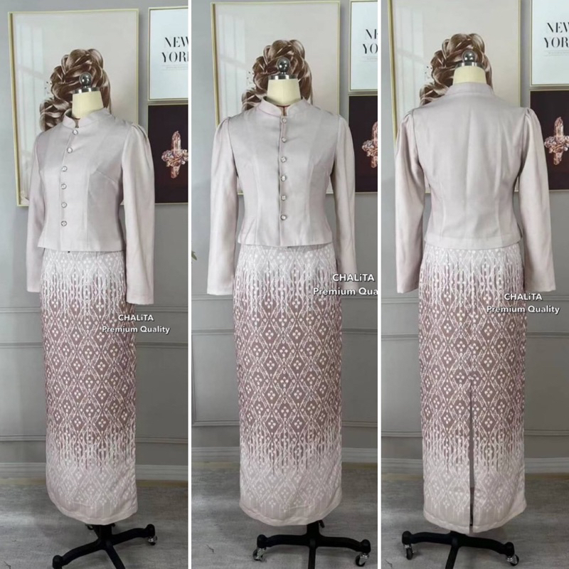 ชุดไทยจิตรลดาสีครีม ลายขอ ทรงสวยผ้าดี พร้อมส่ง ไซส์ S-4XL มุมมองที่ 4