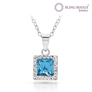 Bling Bijoux สร้อยคอ สีเหลี่ยม คริสตัล สี Aquamarine Blue Fire Swarovski เงินแท้