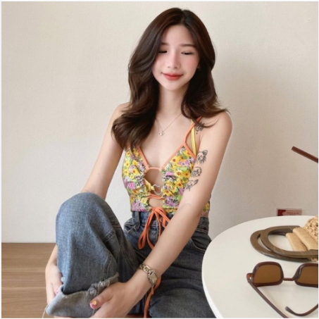 ab001-เสื้อสายเดี่ยว-ลายดอก-เสื้อสายฝอแซ่บๆ-ผูกเชือกด้านหน้า-s017