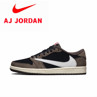 Travis Scott x Air Jordan 1 Low oG TS SP Joint Barb Low Top Trend รองเท้าผ้าใบสีน้ำตาลเข้ม