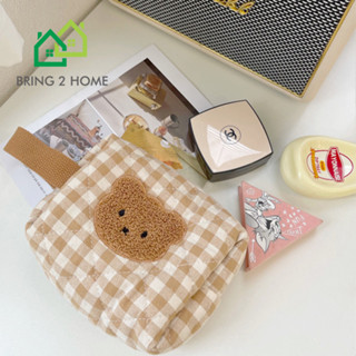 Bring2Home กระเป๋าใส่เครื่องสำอางค์ ลายตารางปักหน้าน้องหมี Bag Cute Bear