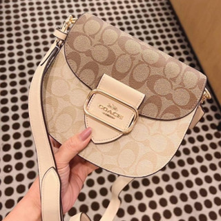 (ผ่อน0%) กระเป๋าสะพายข้าง Coach Morgan Saddle Bag In Blocked Signature Canvas CH507 ลายซี สีครีมน้ำตาล ทูโทน 7 นิ้ว