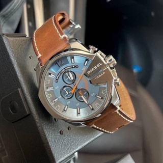 (ผ่อน0%) นาฬิกาชาย DIESEL DZ4458 Mens Mega Chief Chronograph Brown Leather Watch สายหนังสีน้ำตาล หน้าปัดฟ้าเข้ม 51mm.