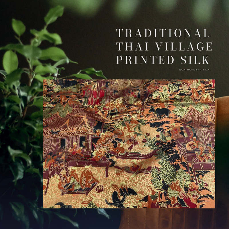 traditional-thai-village-design-printed-thai-silk-fabric-ผ้าไหม-ไทยแท้-พิมพ์ลาย-ลวดลาย-เรือนไทย