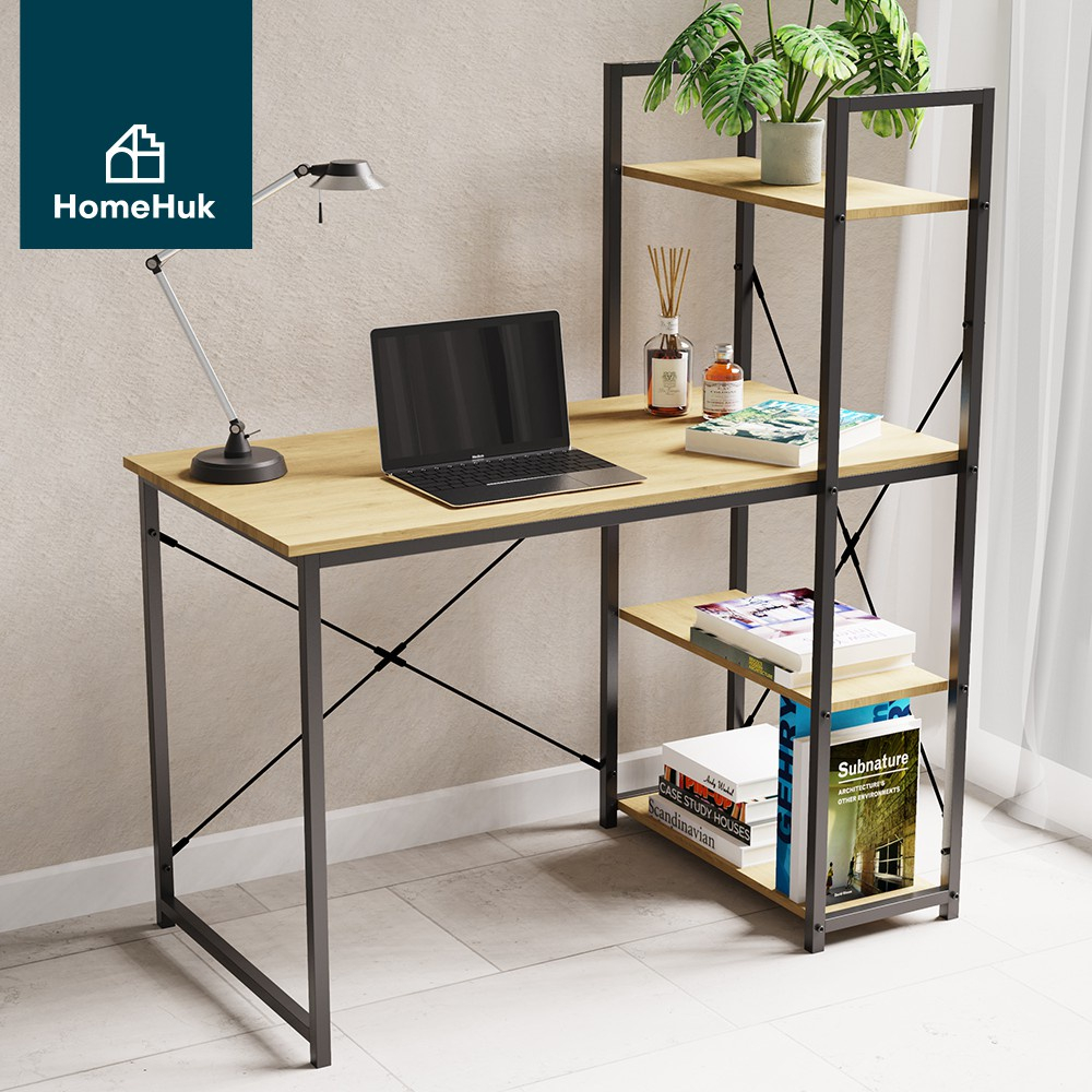 ภาพหน้าปกสินค้าHomeHuk โต๊ะทำงาน พร้อมชั้นวาง 4 ชั้น ใหญ่พิเศษ Wooden Office Table with Shelf จากร้าน homehuk_official_shop บน Shopee