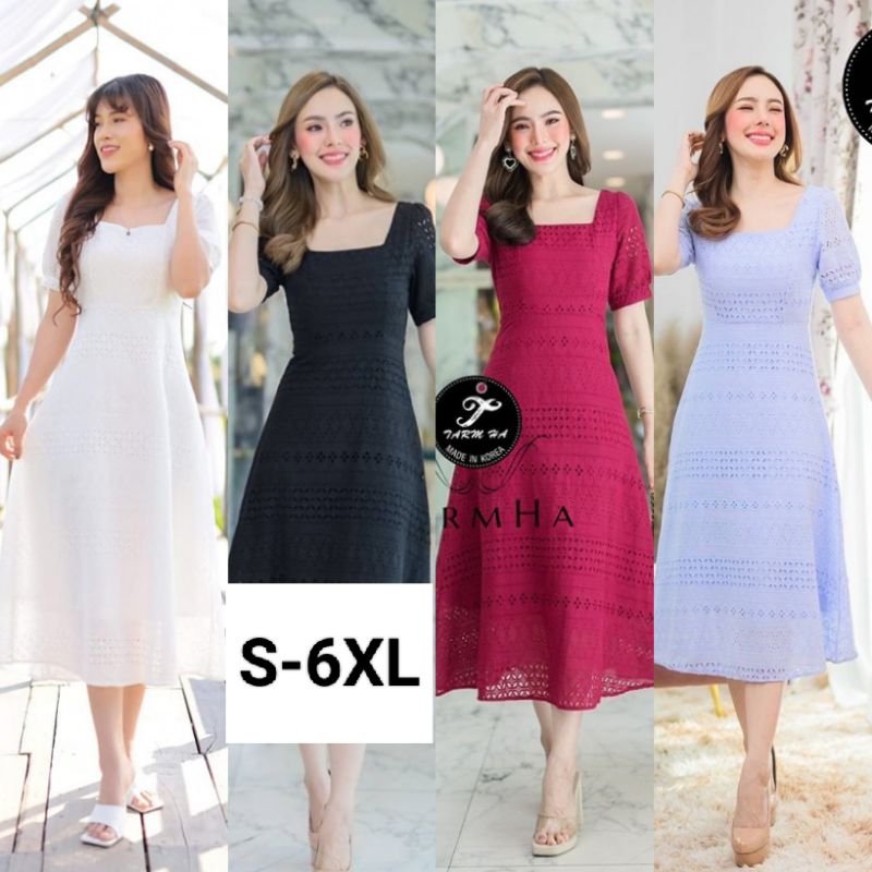 เดรสออกงาน4สี-s-6xl-dress-เดรสสีขาวคอเหลี่ยมแขนพองผ้าฉลุลาย-งานป้าย-tarm-ha