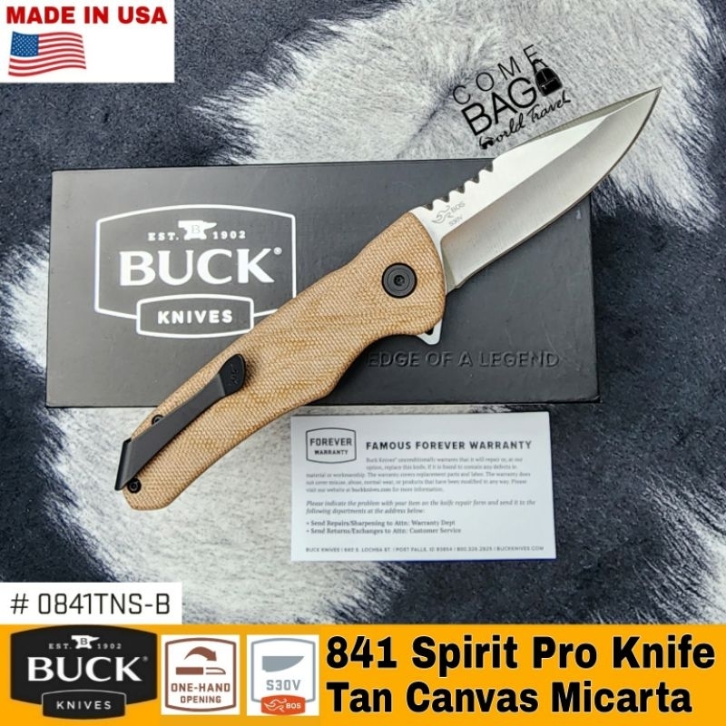 มีดbuck841-sprint-pro-flipper-knife-3-125-s30v-stainless-steel-drop-point-natural-canvas-micarta-handles-made-in-usa