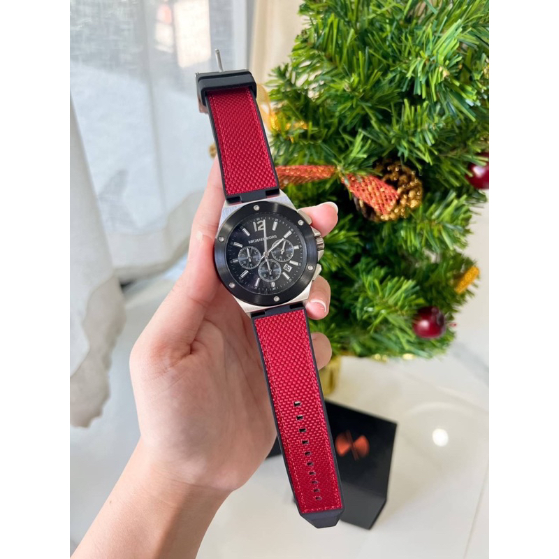 ผ่อน0-นาฬิกาชาย-michael-kors-lennox-chronograph-black-and-red-watch-mk8942-หน้าปัด-45mm-สายสีแดง