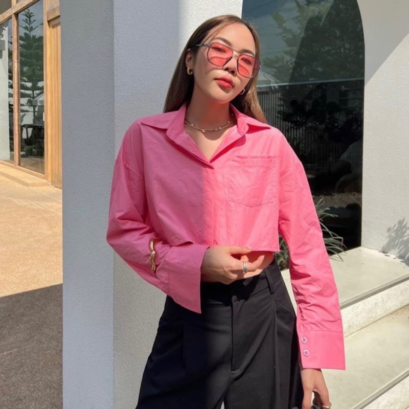 ถูกสุด-เสื้อครอปเชิ้ต-โอเวอร์ไซส์-สีชมพู-แขนยาว-ทำงาน-อก40-65นิ้ว-มีปลายทาง