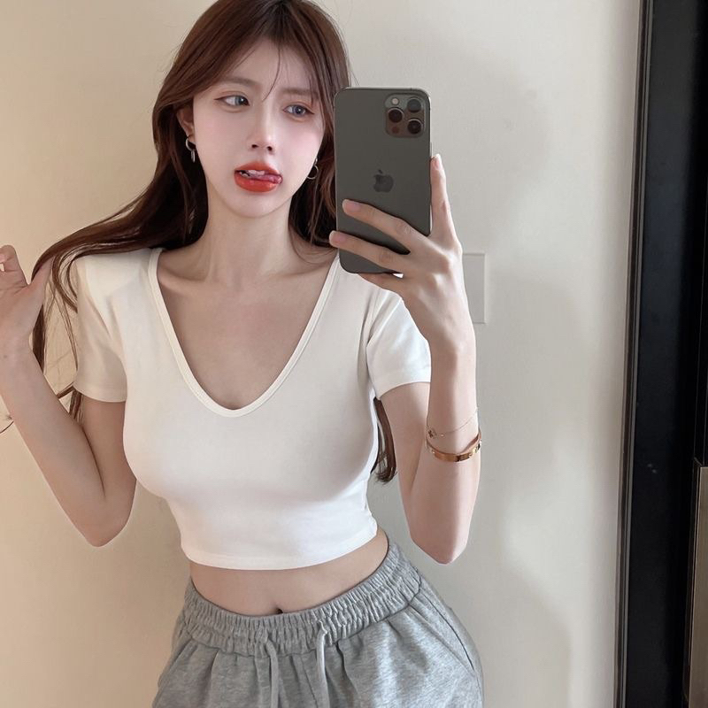 1ldk-พร้อมส่ง-เสื้อครอป-คอกลมแขนสั้น-รัดรูปเซ็กซี่-ผ้านิ่มใส่สบาย-น่ารักมาก-61608