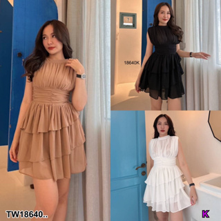 TW18640 Dress เดรสสั้นชีฟองกระโปรงระบายชั้นฟ