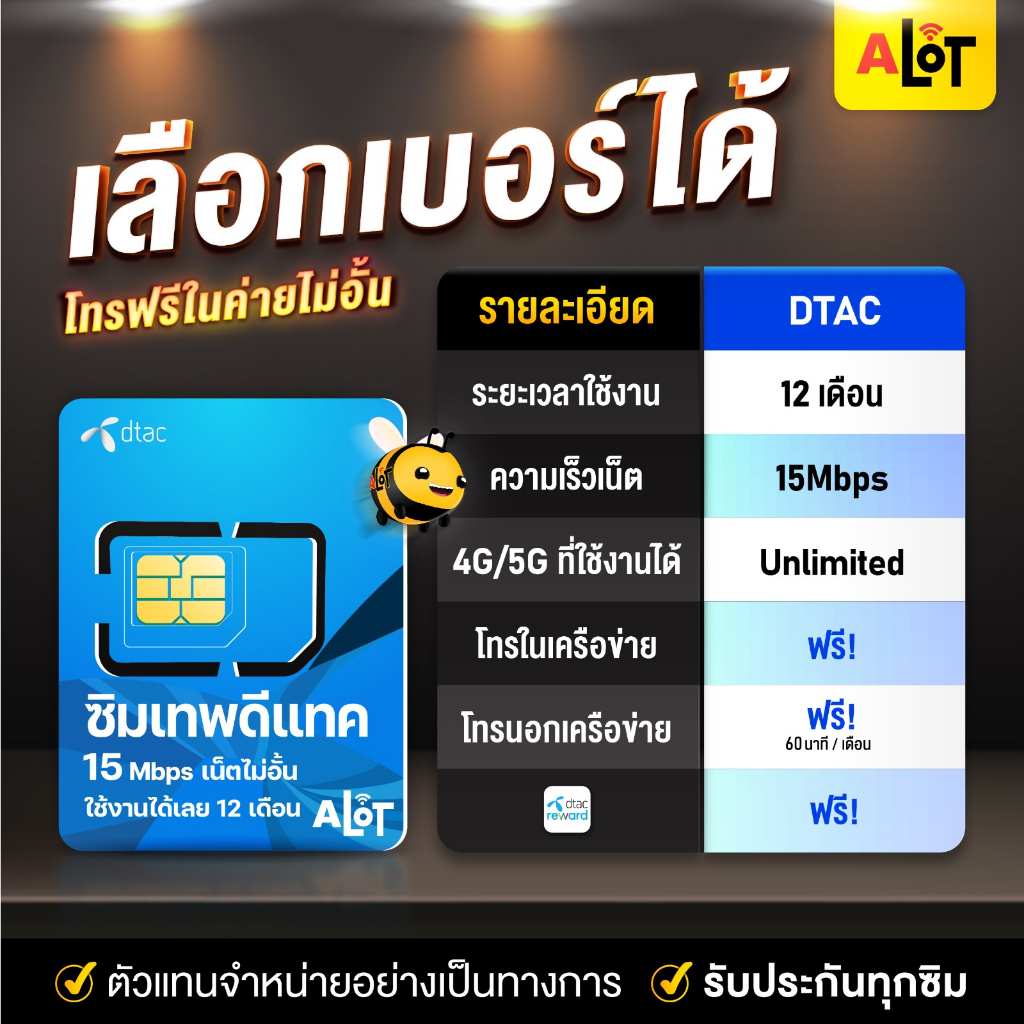 ภาพหน้าปกสินค้าSim DTAC 15mbps  เลือกเบอร์ SET 1  ซิมเทพดีแทค รายปี ซิมเทพ ซิมเน็ตเทพ จ่ายครั้งเดียว ใช้งาน 1ปี  A lot จากร้าน alot789 บน Shopee