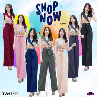 PE17399 Jumpsuit จั้มสูทขายาว แขนกุด คอปก อกแต่งลาย ทรงเชือกผูกเอว งานสุดหรู ทรงเข้ารูปสวย