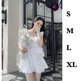 พร้อมส่ง xl/เซต2ชิ้นผ้าปักฉลุลายดอกไม้เนื้อผ้าใส่สบายมากเสื้อสายเดี่ยวระบายช่วงสายตัวเสื้อระบายจับจีบ3ชั้น