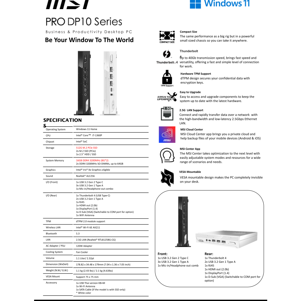 [Pre-Order] MSI PRO DP10 13M-038TH (ICT) /PRO DP10 13M-039TH (ICT) (เด ...