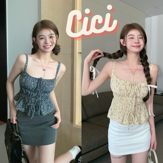 Cici(NO.J570)สายเดี่ยวลายลูกไม้ ระบายชายเสื้อ ดีเทลเชือกรูดหน้า สไตล์สาวมินิ