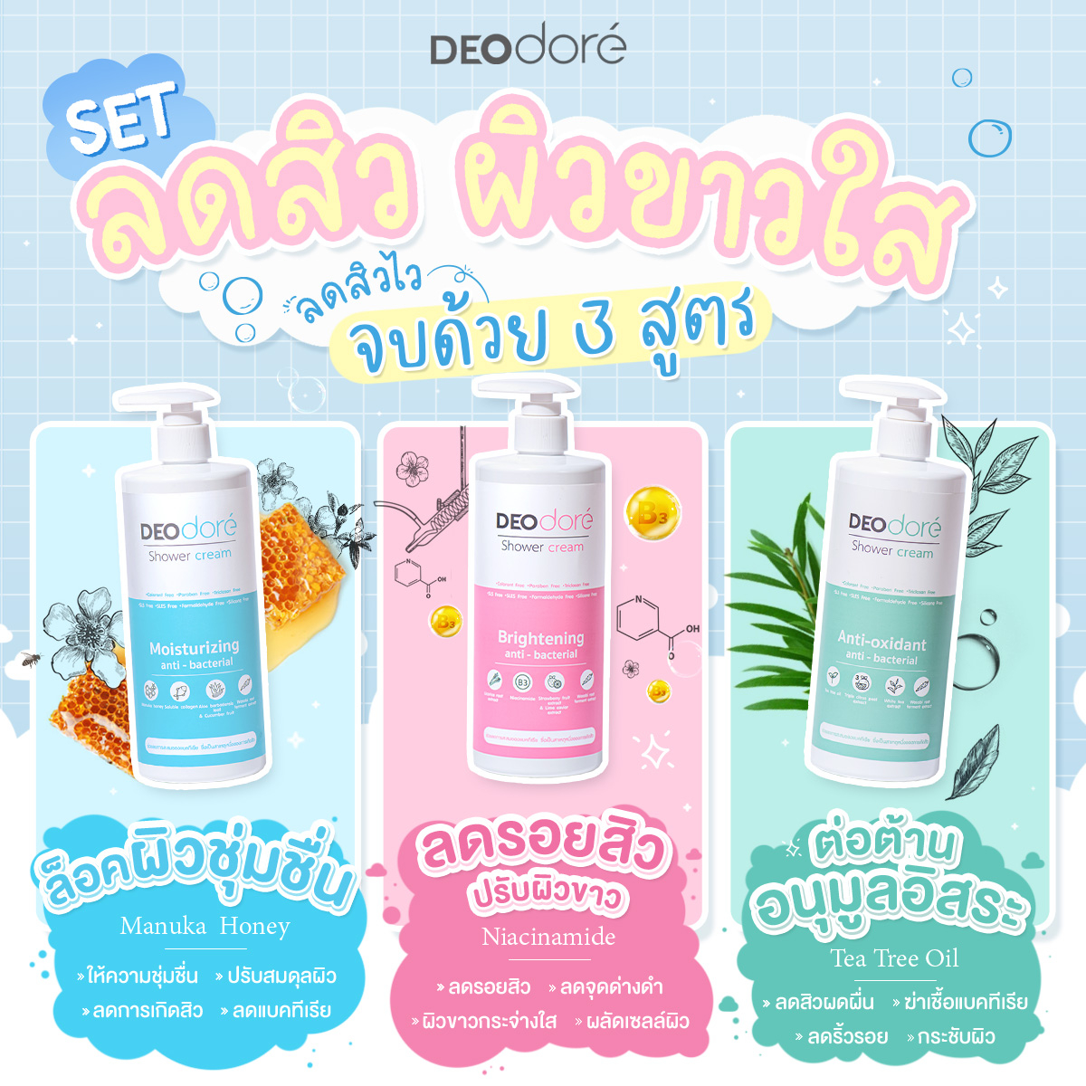 3-ขวด-ครีมอาบน้ำลดสิวแผ่นหลัง-ลำตัวและรอยสิวจับคู่เห็นผล-deodore-shower-cream