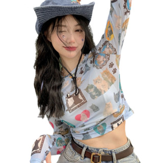 โปรโมชั่น : CicishopJ370เสื้อแขนยาวคอกลมซีทรูY2K สกรีนลายการ์ตูนน่ารักแซ่บๆ