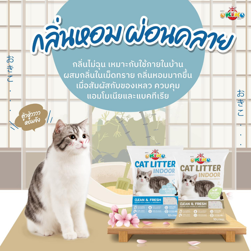 ทรายอนามัยสำหรับแมวเลี้ยงในบ้าน-ฝุ่นน้อย-okiko-cat-indoor-bnn-petshop