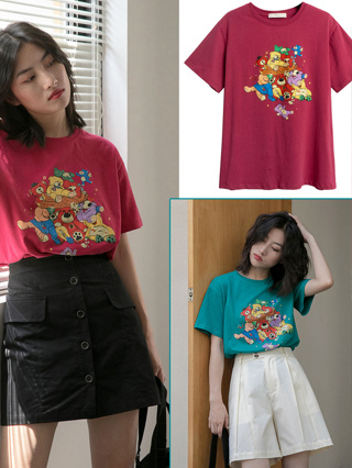 KOKO#เสื้อยืดผู้หญิง แขนสั้นลําลอง oversize พิมพ์ลายการ์ตูน สไตล์เกาหลีวินเทจ น่ารัก#2419
