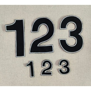 ตัวเลขผ้าปักขอบตัวเลขติดเสื้อวินแบบปัก เลข1-0 ตัวใหญ่และตัวเล็ก สีกรมขอบสีฟ้าอ่อน
