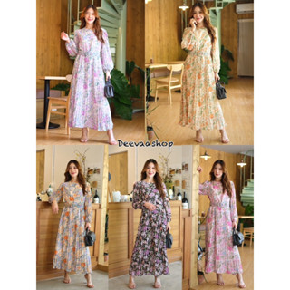 ✨Floral Maxi Dress ชุดเดรสตัวยาว ผ้าชีฟองลายดอกชุดอัดพลีทแขนยาวกระโปรงยาว