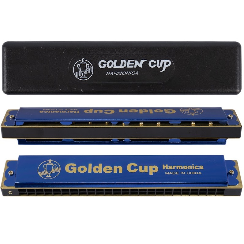 golden-cup-ฮาร์โมนิก้า-24-ช่อง-แบบ-2-แถว-คีย์-c-สีน้ำเงิน-สีเงิน-เมาท์ออแกน-24-double-holes-harmonica-ฟรี-กล่องใส่