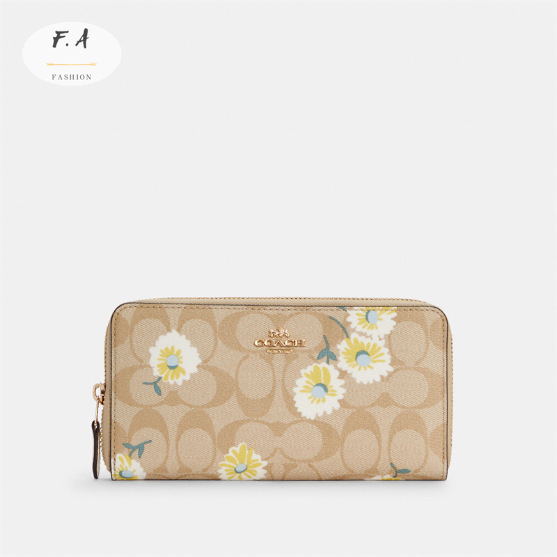 u-s-outlet-coach-แท้-imotv-khaki-mini-daisy-print-long-zip-clip-กระเป๋าสตางค์แฟชั่นสตรี-กระเป๋าสตางค์ใบยาวผู้หญิง-c337