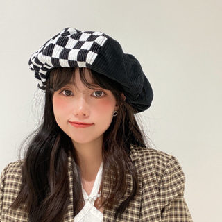 (พร้อมส่งจากไทย) หมวกเบเร่ต์ ขนาดใหญ่ ลายครึ่งตารางหมากรุก สีดำ น่ารัก แฟชั่นใหม่ สไตล์ญี่ปุ่น เกาหลี