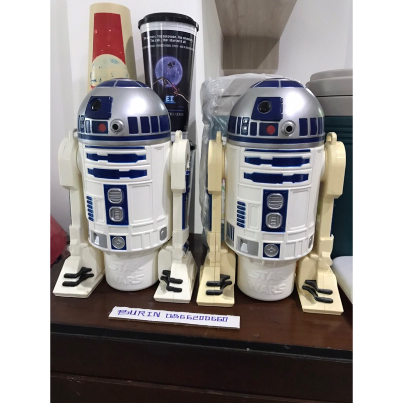 ขายเหมา-แก้วน้ำโรงหนัง-r2d2-ไม่มีสายไม่มีหลอดมานะครับ-ตัวขวาขาเหลือง-สูง10นิ้ว-ราคา-1-100