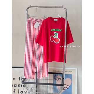 Aviva studio ❤️🍒 เซ็ตเสื้อยืดสีแดงเชอรี่+ขายาวริ้วเเดง