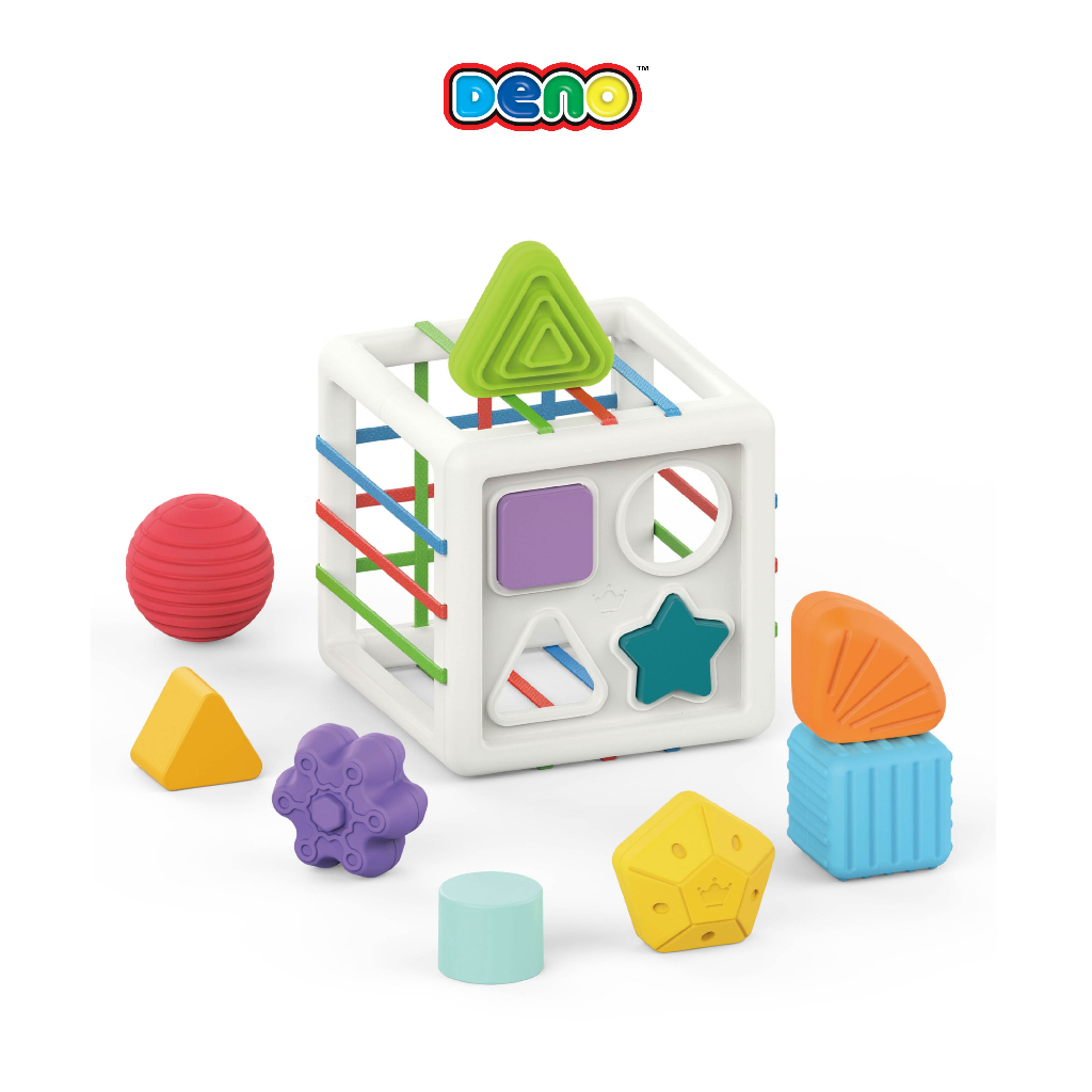 deno-ของเล่นเด็ก-บล็อกตัวต่อสีรุ้ง-ใส่รูปทรงต่างๆเข้าไปในกล่องผ่านยางยืด-เสริมพัฒนาการเด็ก