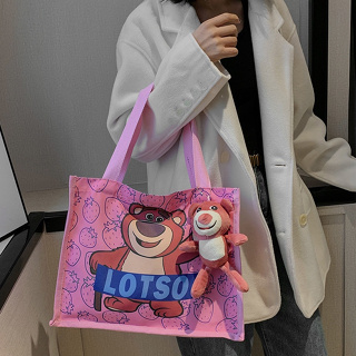 น่ารักสตรอเบอร์รี่หมีกระเป๋าถือกระเป๋าอะนิเมะใหม่เทรนด์ Tote ผ้าใบสีแดงสร้างสรรค์กระเป๋าน่ารัก