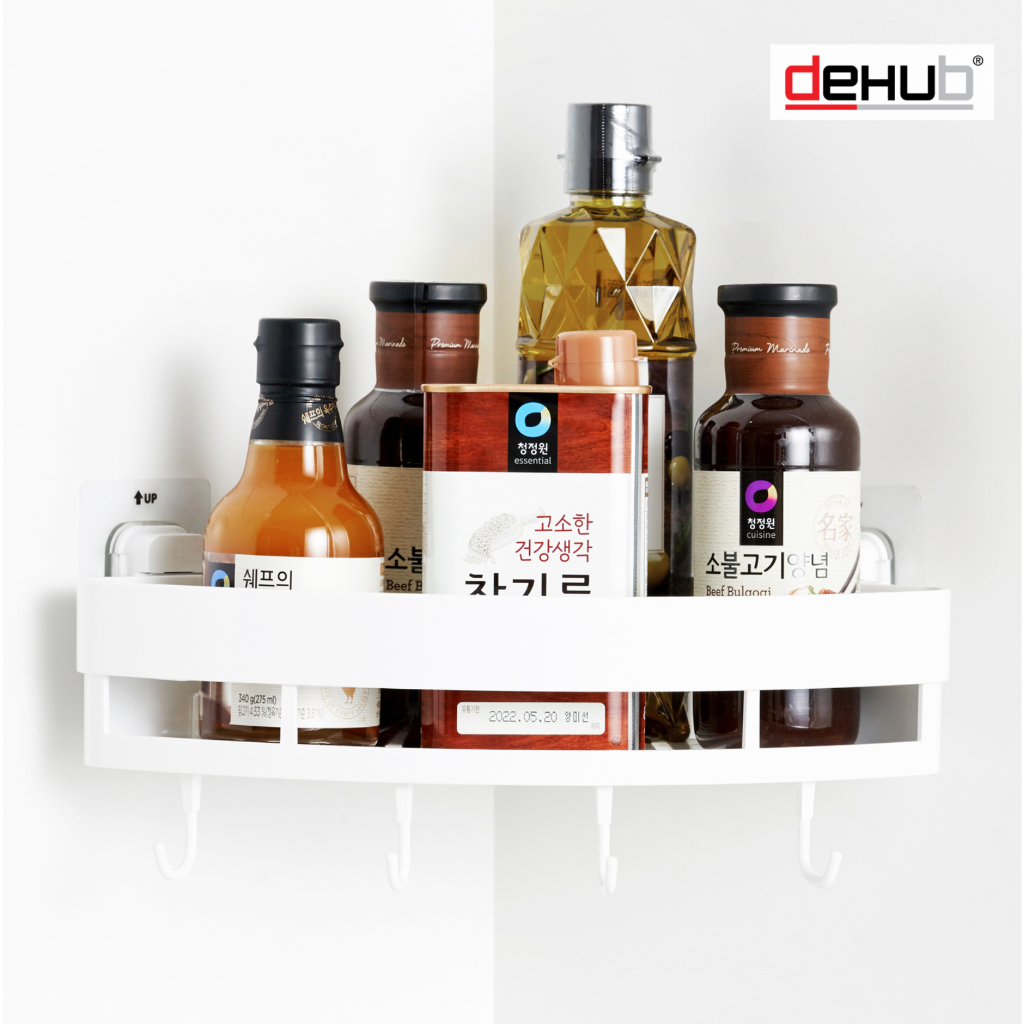 dehub-vacuum-pad-ชั้นวางของในห้องน้ำ-ห้องครัว-ไม่ต้องเจาะผนัง-แผ่นกาว-สูญญากาศ-vacuum-pad-corner-shelf-250-with-hook