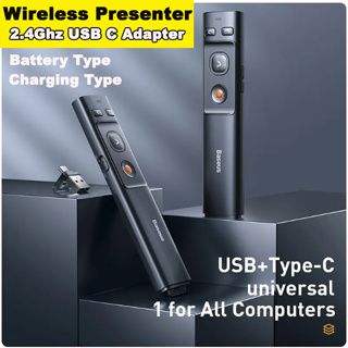 รีโมทพรีเซนไร้สาย Baseus AI Wireless Presenter PPT Pointer 2.4Ghz USB C Adapter Handheld Remote Control Pointer Pen