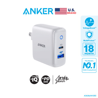 Anker PowerPort PD+2 หัวชาร์จเร็ว iPhone 15/14/13 USB-C PD 20W + ชาร์จเร็ว Samsung USB QC3.0 15W ขาปลั๊กพับเก็บได้ - AK283