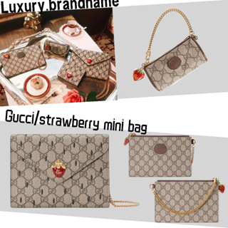 กุชชี่ กระเป๋าถือ Gucci/strawberry mini พร้อม double G/กระเป๋าผู้หญิง/กระเป๋าร่อซู้ล/กระเป๋าสะพาย