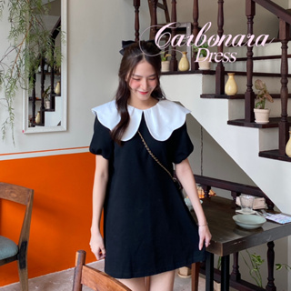 chuuchop_พร้อมส่ง(C8171)🍝🥓🍳Carbonara dress เดรสดำสั้นทูโทนแต่งปกคอบัวใหญ่