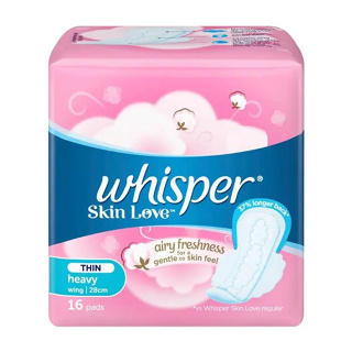 Whisper Skin Love Ultra Slim 28 cm. ผ้าอนามัย วิสเปอร์ สกิน เลิฟ อัลตร้า สลิม 16 ชิ้น (แบบมีปีก) นุ่มและบางสุด 0.09 ซม.